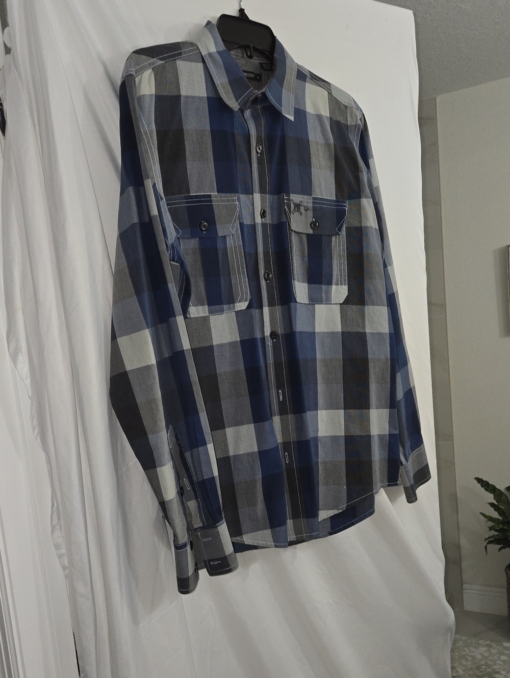 Projek Raw Men's Blue and Gray Plaid Button-Up Shirt